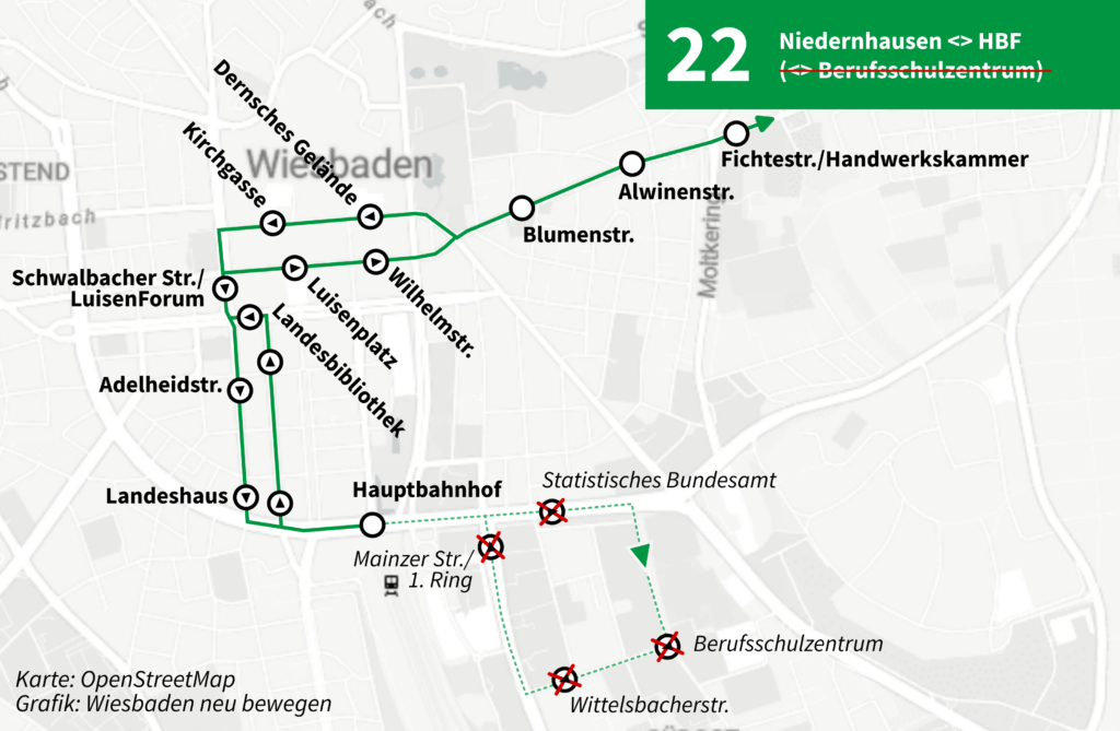 Karte über Umleitungsverkehr für Linie 22 wegen Wasserrohrbruch 1. Ring