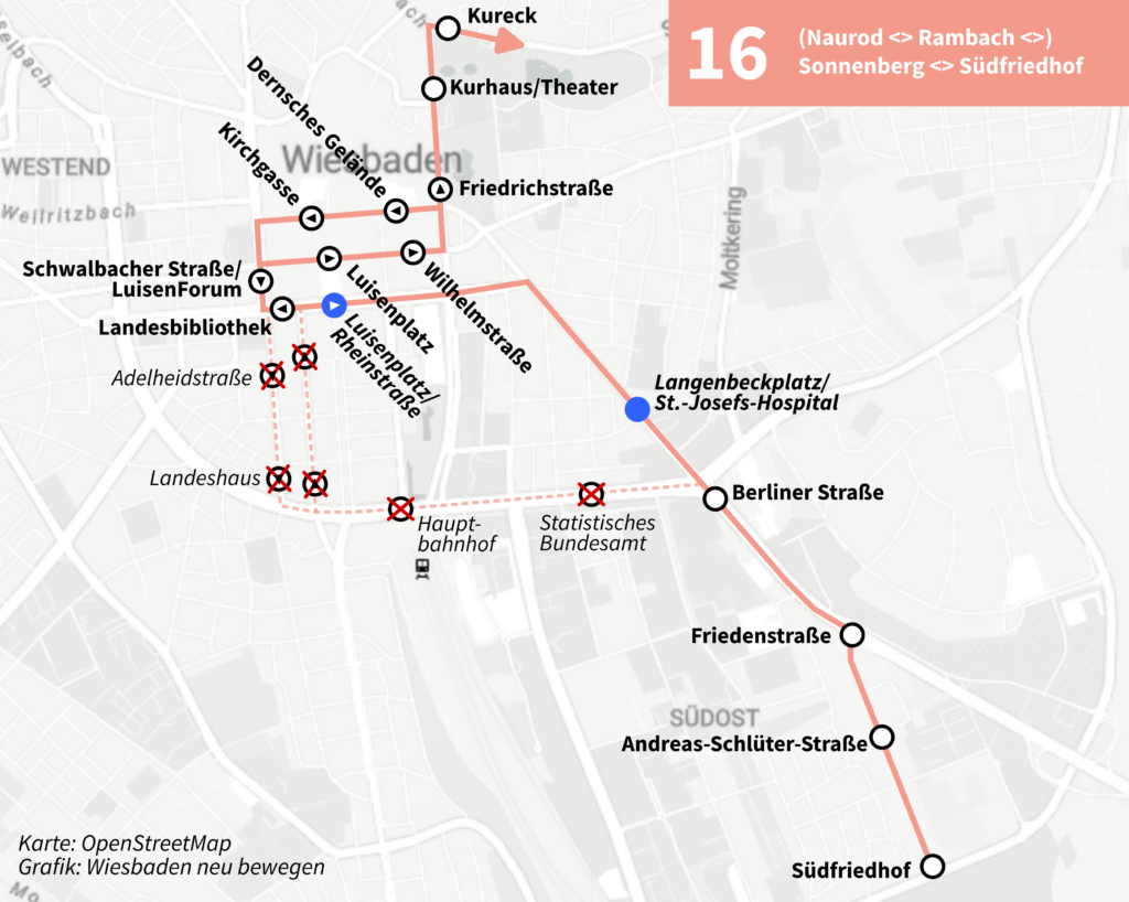 Karte über Umleitungsverkehr für Linie 16 wegen Wasserrohrbruch 1. Ring
