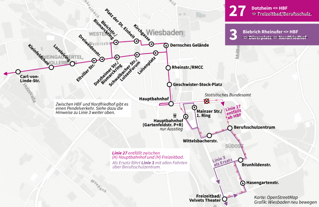 Karte über Umleitungsverkehr für Linie 27 wegen Wasserrohrbruch 1. Ring, dazu der geänderte Fahrweg der Linie 3 als Ersatz für Linie 27