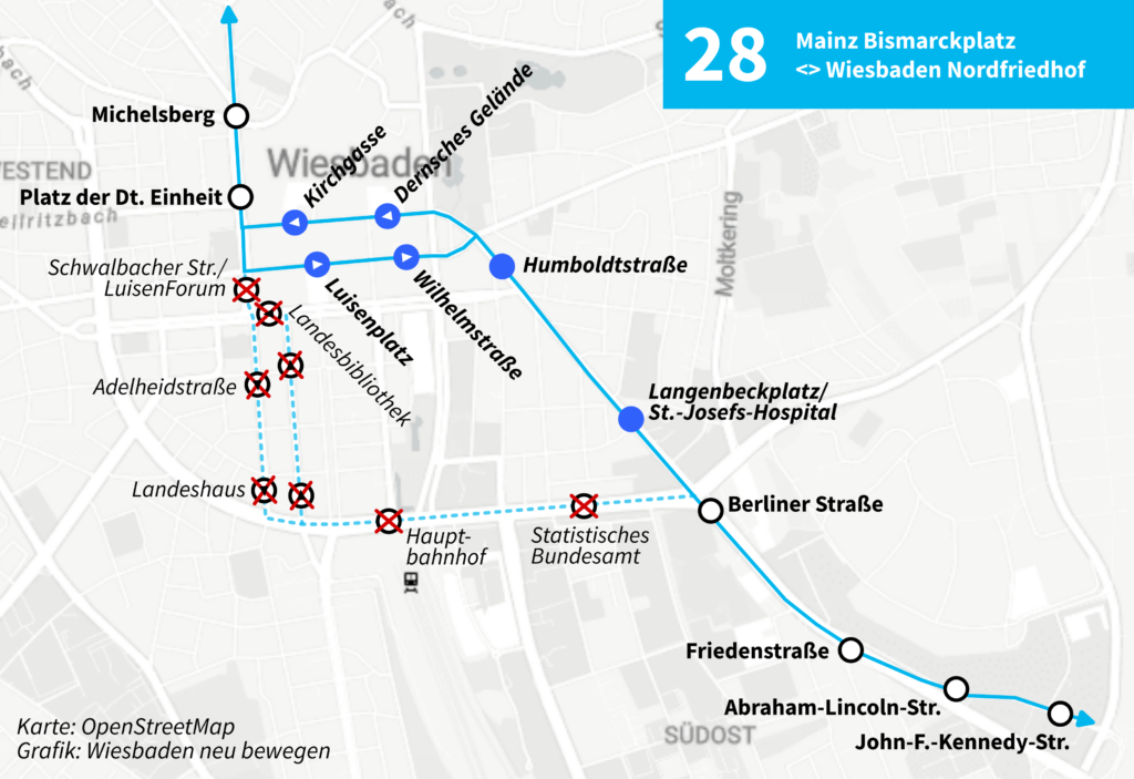 Karte über Umleitungsverkehr für Linie 28 wegen Wasserrohrbruch 1. Ring