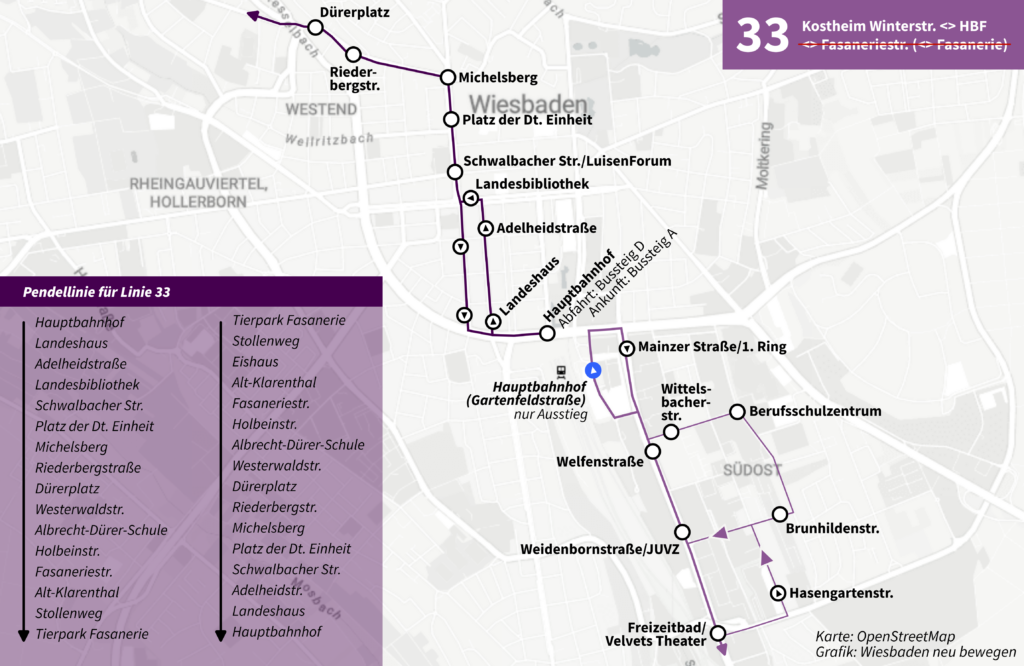 Karte über Umleitungsverkehr für Linie 33 wegen Wasserrohrbruch 1. Ring