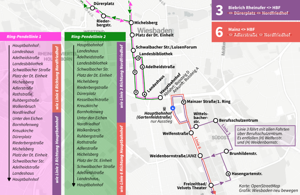 Karte über Umleitungsverkehr für Linien 3 und 6 und Ring-Pendellinien wegen Wasserrohrbruch 1. Ring