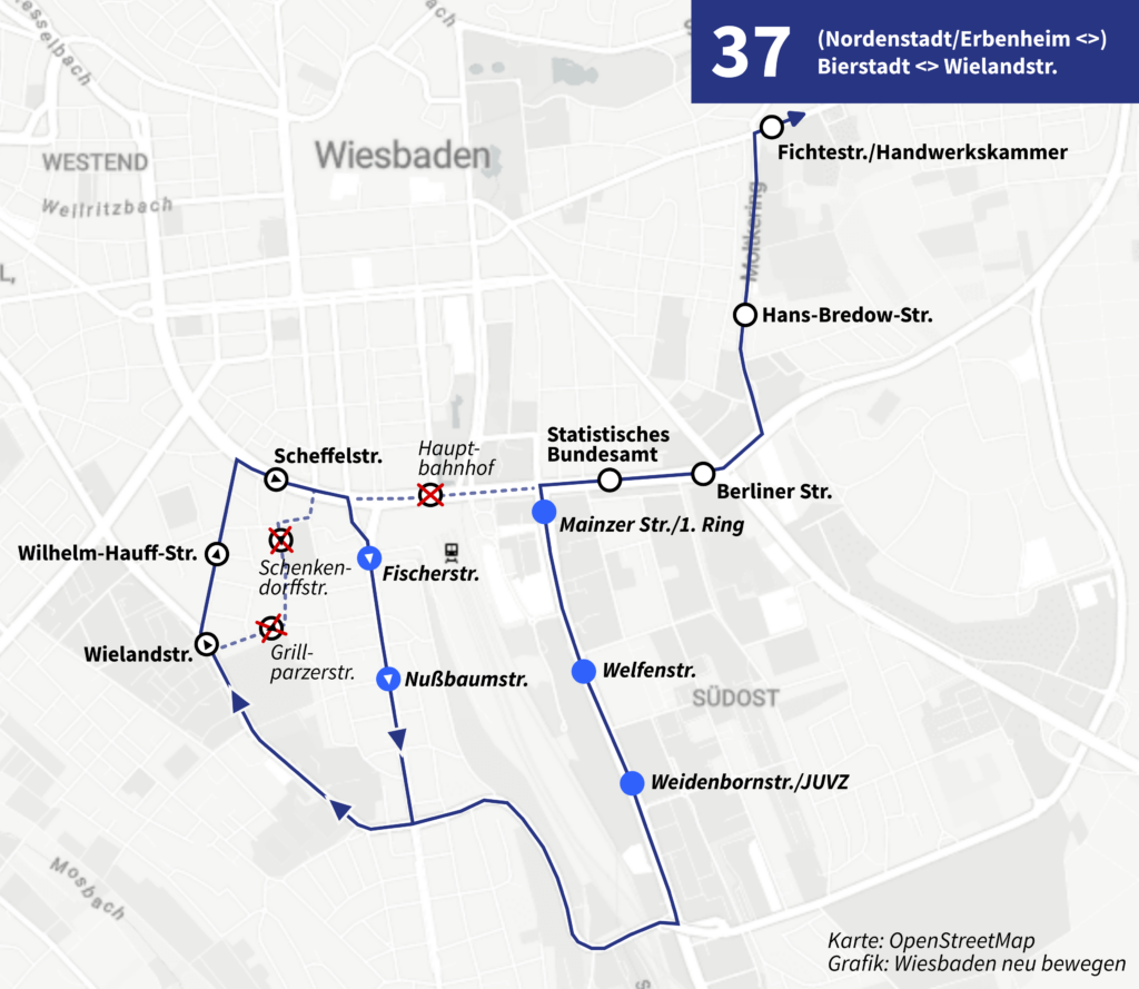 Karte über Umleitungsverkehr für Linie 37 wegen Wasserrohrbruch 1. Ring