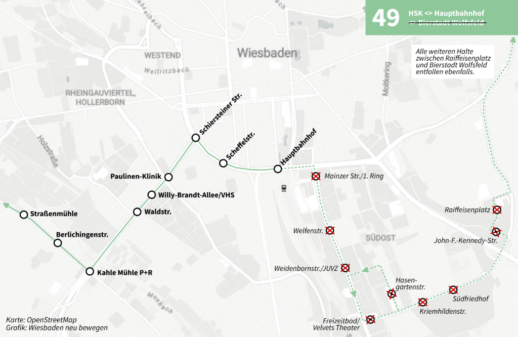 Karte über Umleitungsverkehr für Linie 49 wegen Wasserrohrbruch 1. Ring