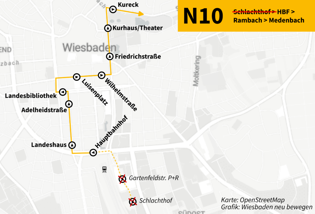 Karte über Umleitungsverkehr für Linie N10 wegen Wasserrohrbruch 1. Ring