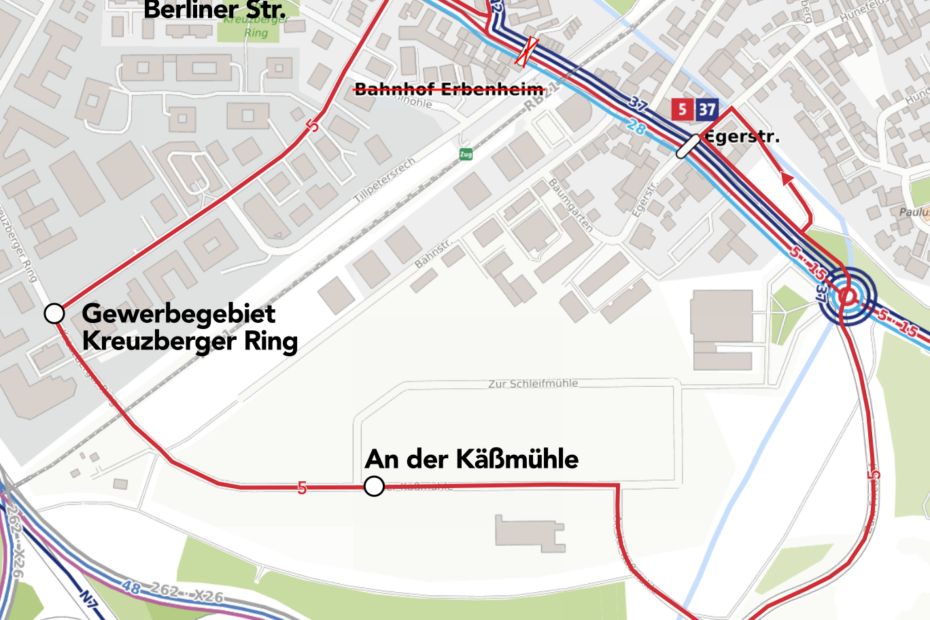 Linie 5 fährt mit einigen seiner Fahrten in Erbenheim ab der Haltestelle Weglache durch das Gewerbegebiet Erbenheim und das Neubaugebiet "Zur Schleifmühle" und von dort zur Egerstraße.