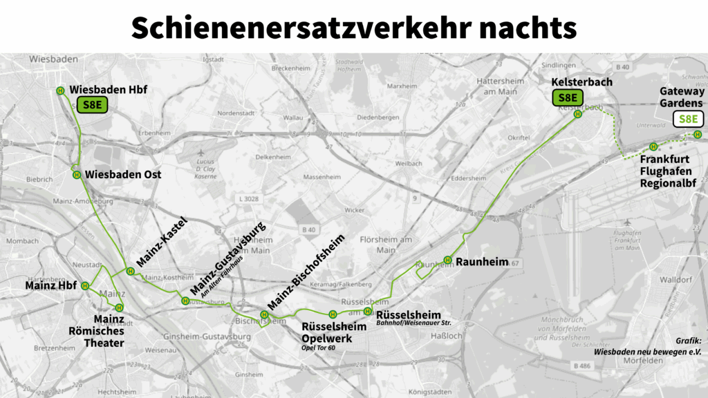 Linienweg des Schienenersatzverkehrs nachts