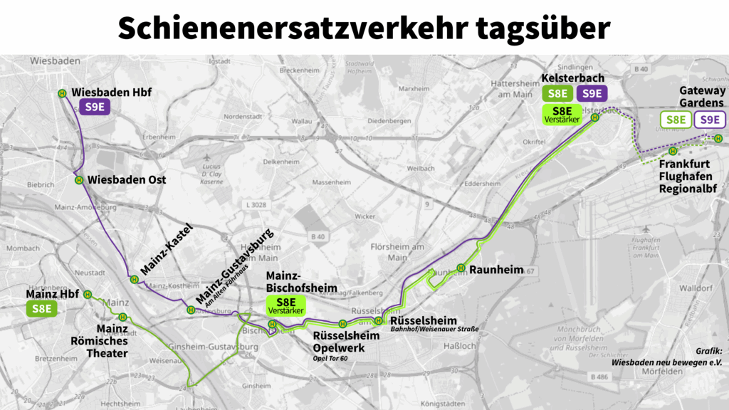 Linienwege des Schienenersatzverkehrs tagsüber