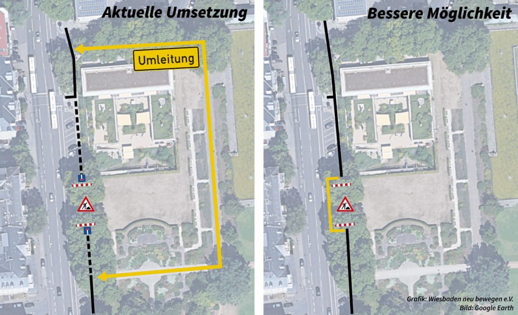 Zwei Grafiken zur Situation an der Bahnhofstraße. Links wird die aktuelle Umleitung dargestellt, die mit einem großen Umweg verbunden ist. Rechts ist unser Vorschlag für eine Umleitung, die deutlich kürzer ist.
